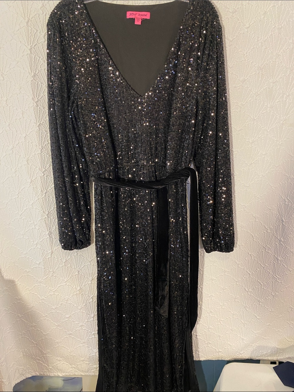 Betsey Johnson Black Sequin Long-Sleeve V-Neck Maxi Dress with Velvet Belt